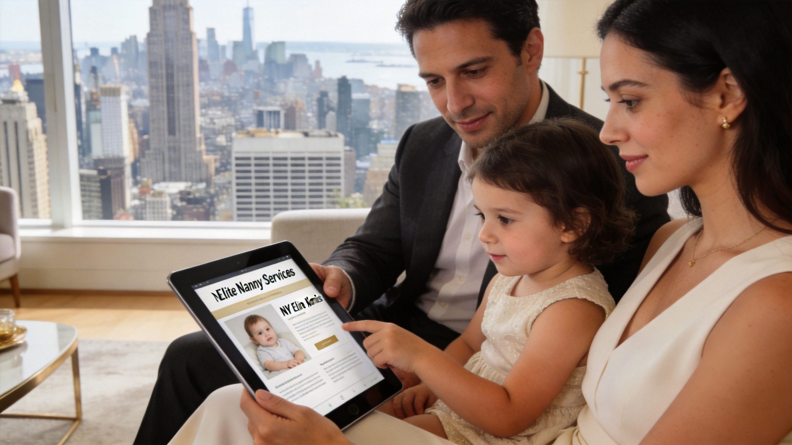 Nanny Agency New York: Elite Childcare for HNW Families | Superstar Nannies A family viewing a nanny agency website on a tablet inside a luxury high-rise apartment in New York.