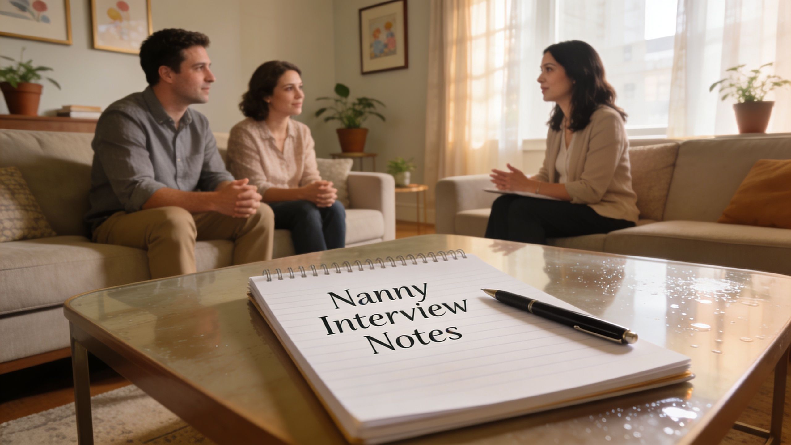 Nanny Agency New York: Elite Childcare for HNW Families | Superstar Nannies A couple sits on a couch interviewing a nanny candidate in a cozy, sunlit living room setting.