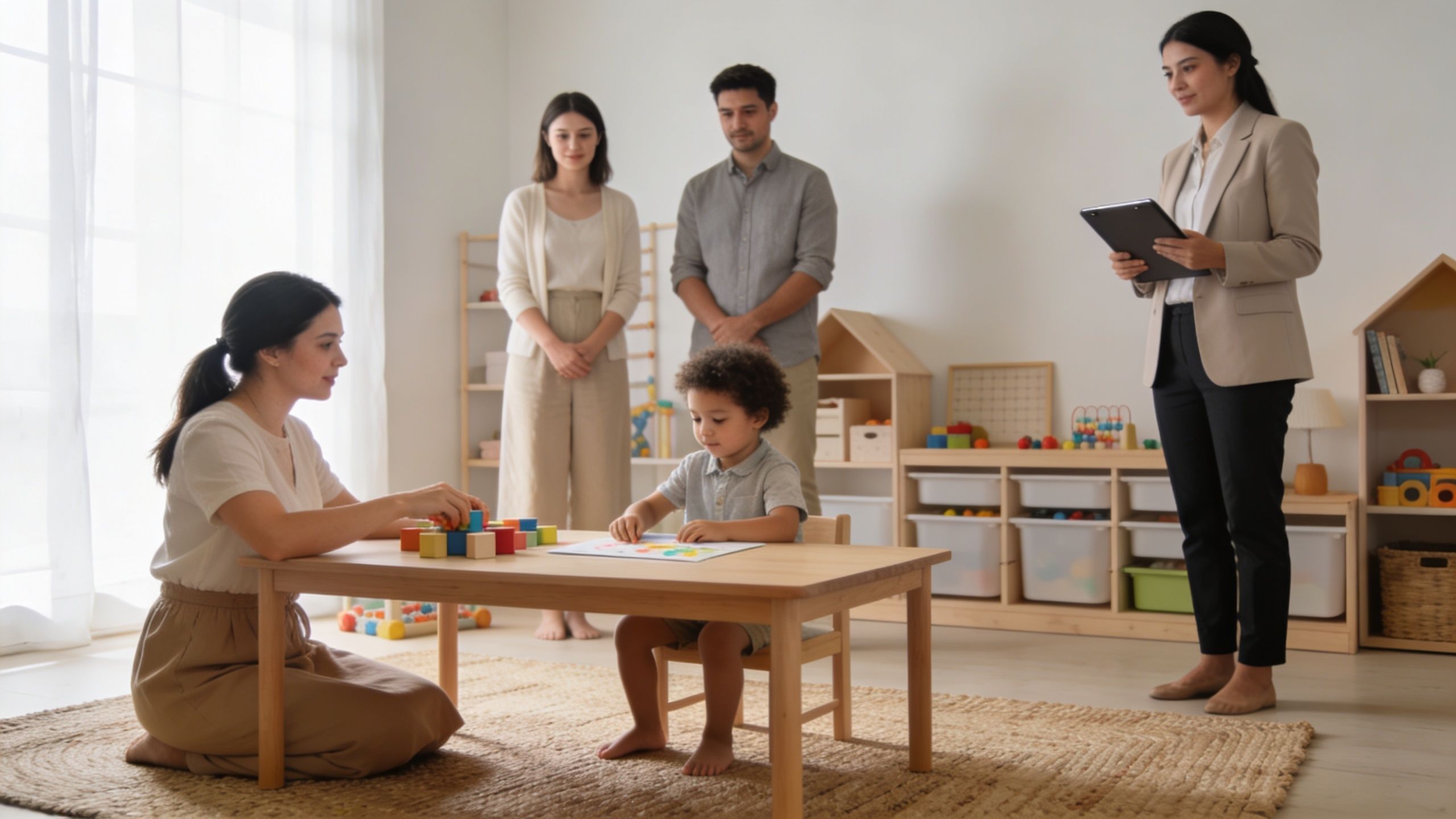 Nanny Agency Palm Beach: The Ultimate Guide for Elite Families in 2026 | Superstar Nannies A professional nanny observing a young child playing with educational wooden blocks in a bright nursery setting.