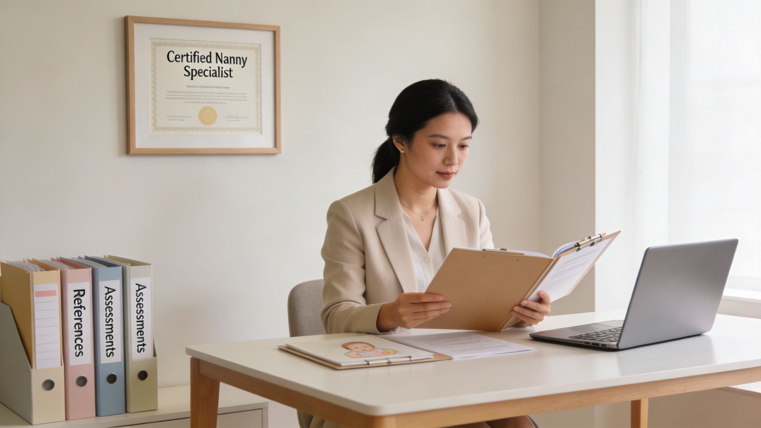 Nanny Agency Palm Beach: The Ultimate Guide for Elite Families in 2026 | Superstar Nannies A professional nanny specialist sitting at a desk reviewing documents and checking a laptop in her office.