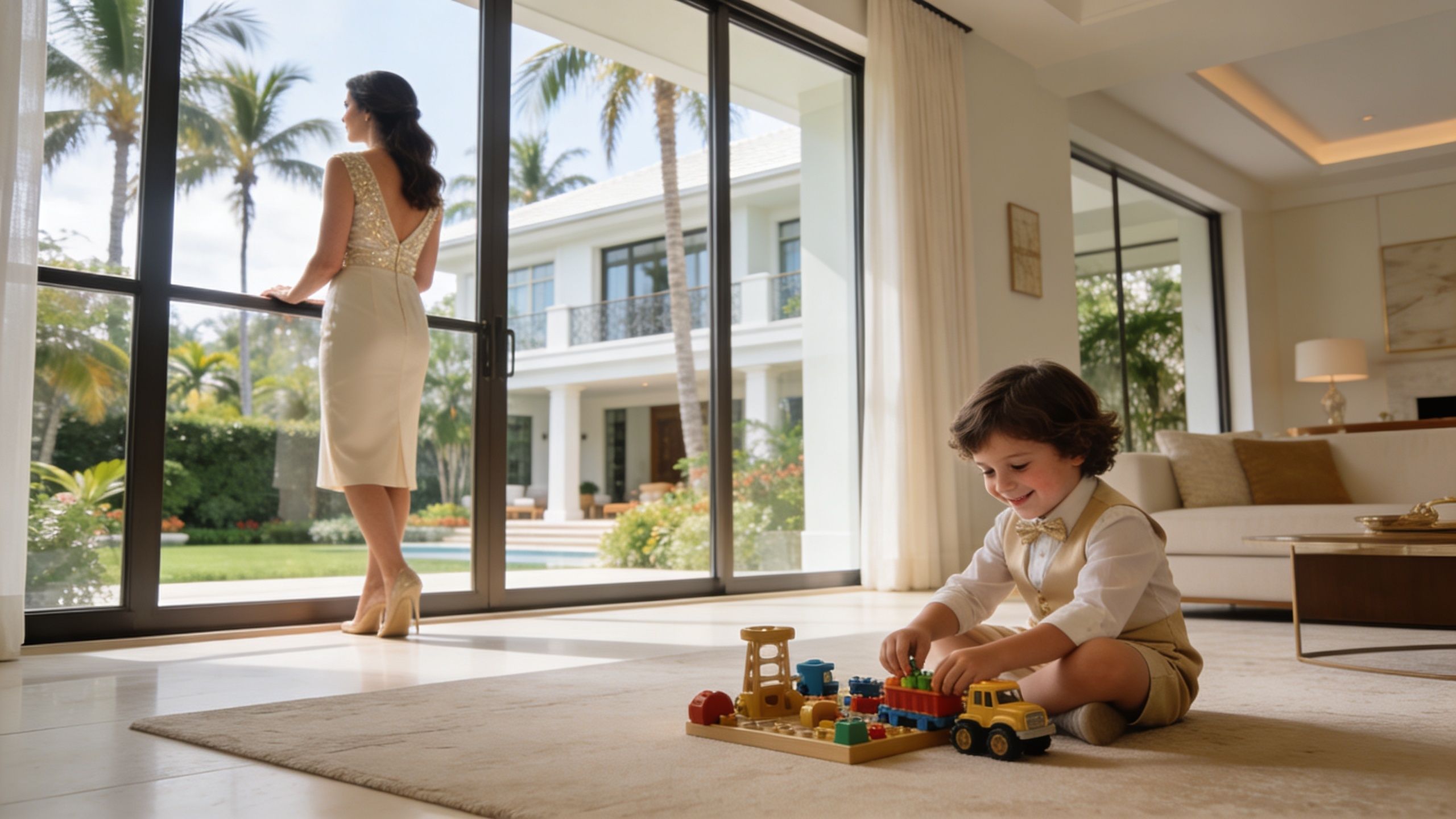 Discover Elite Nanny Services Near Palm Beach | Superstar Nannies A woman stands by a large glass window while a young boy plays with toys indoors.