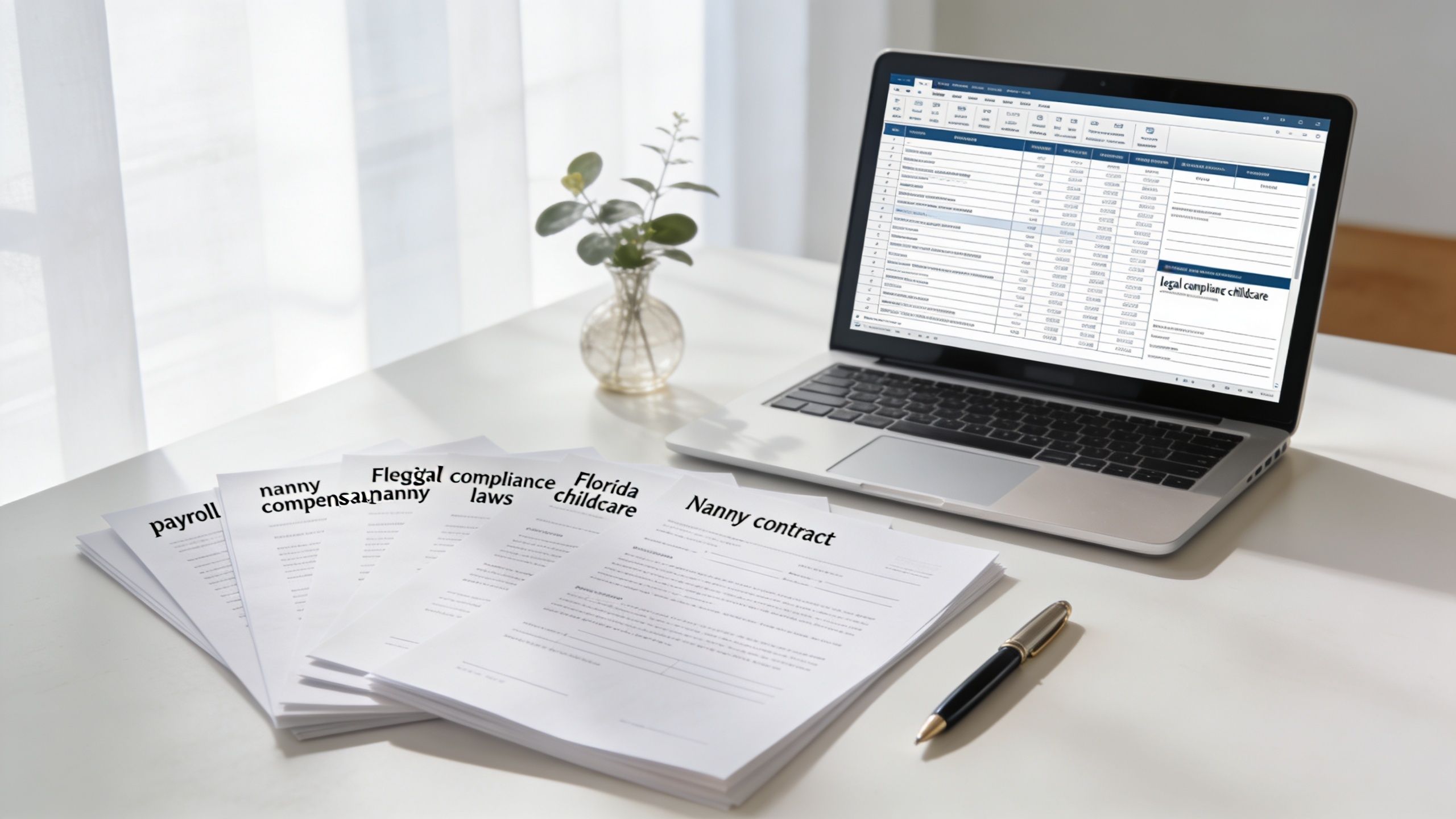 Discover Elite Nanny Services Near Palm Beach | Superstar Nannies A laptop and documents regarding legal childcare services and nanny contract compliance resting on a clean white desk.