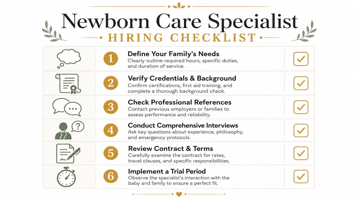 Your Definitive Newborn Care Specialist NYC Guide | Superstar Nannies A six-step infographic detailing the hiring process for a professional newborn care specialist for parents.