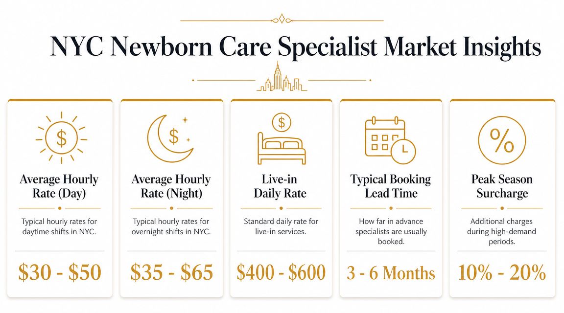 Your Definitive Newborn Care Specialist NYC Guide | Superstar Nannies An infographic showing market insights and average hourly and daily rates for newborn care specialists in NYC.