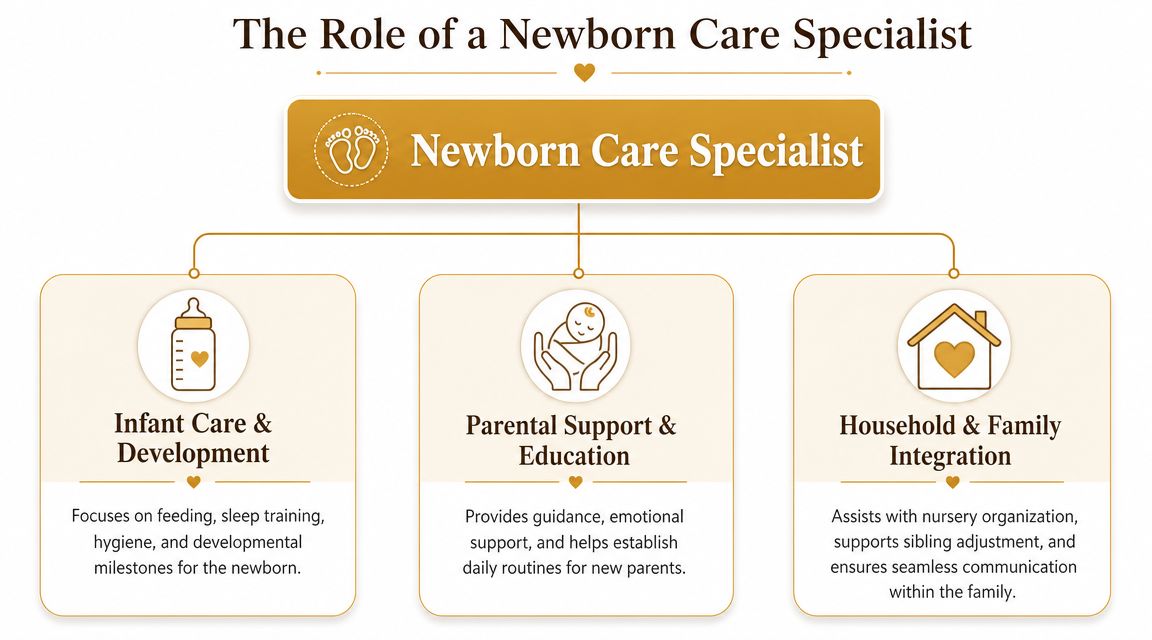Your Definitive Newborn Care Specialist NYC Guide | Superstar Nannies An infographic outlining the key responsibilities of a newborn care specialist, including infant care, parental support, and family integration.
