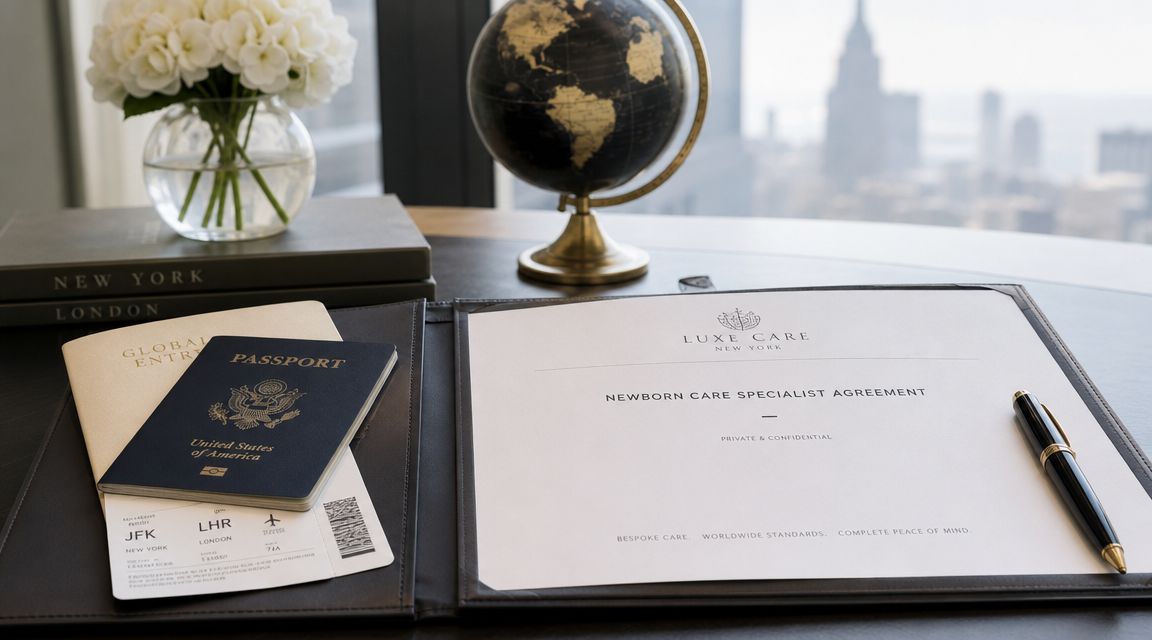 Your Definitive Newborn Care Specialist NYC Guide | Superstar Nannies A newborn care specialist agreement on a desk with a passport, plane ticket, globe, and flowers.