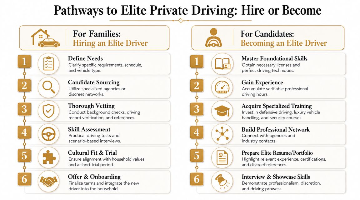 Personal Driver Job: Guide to Hiring & Landing Elite Roles | Superstar Nannies A flowchart infographic outlining steps for families hiring a private driver and candidates becoming an elite driver.