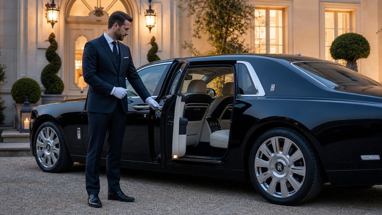 Personal Driver Job: Guide to Hiring & Landing Elite Roles | Superstar Nannies A professional chauffeur in a black suit and white gloves opens the door of a luxury car.