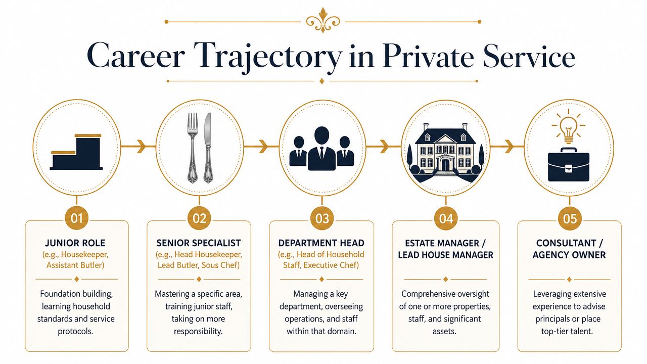An infographic showing the five stages of a professional career trajectory for private household staff members.