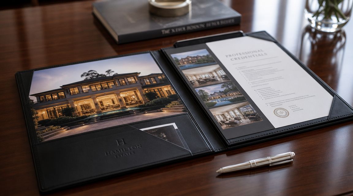 A professional folder open on a wooden table containing images of luxury homes and credentials.