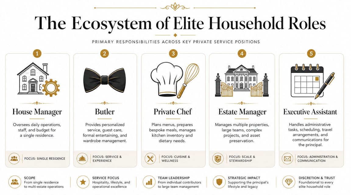 An infographic detailing primary responsibilities and focus areas for five elite household service roles.
