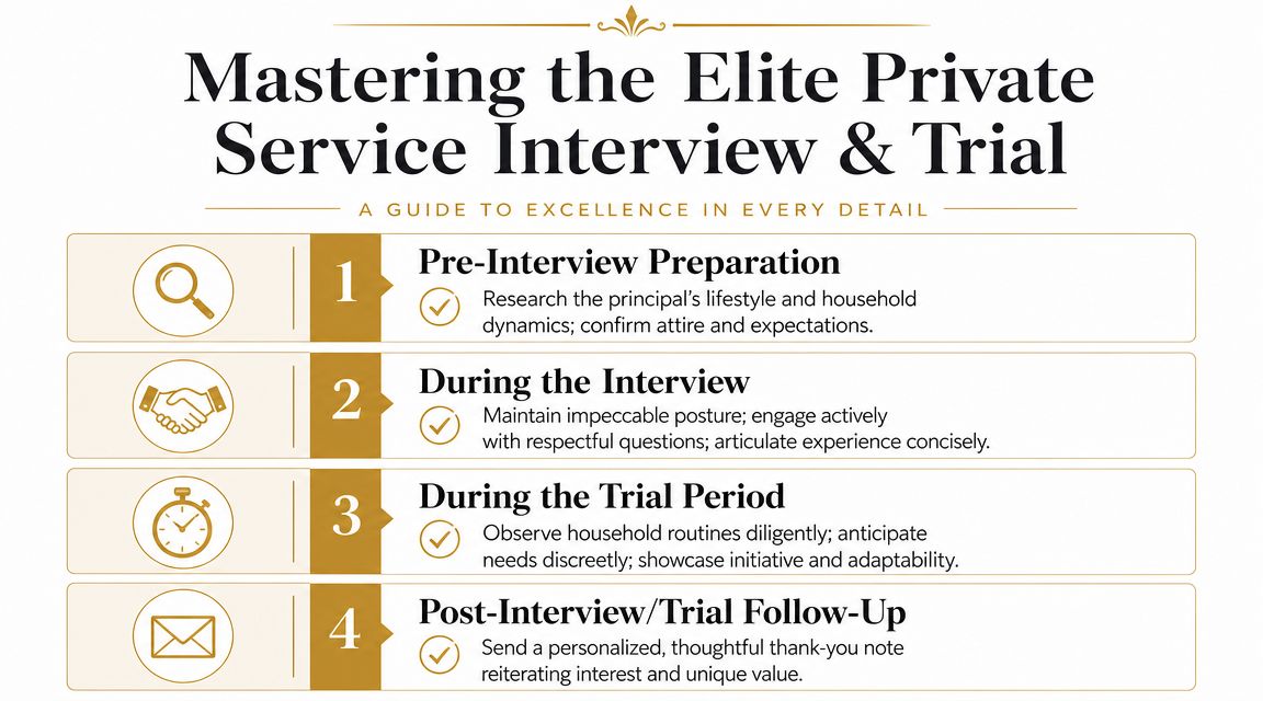An infographic titled Mastering the Elite Private Service Interview and Trial outlining four steps for job success.