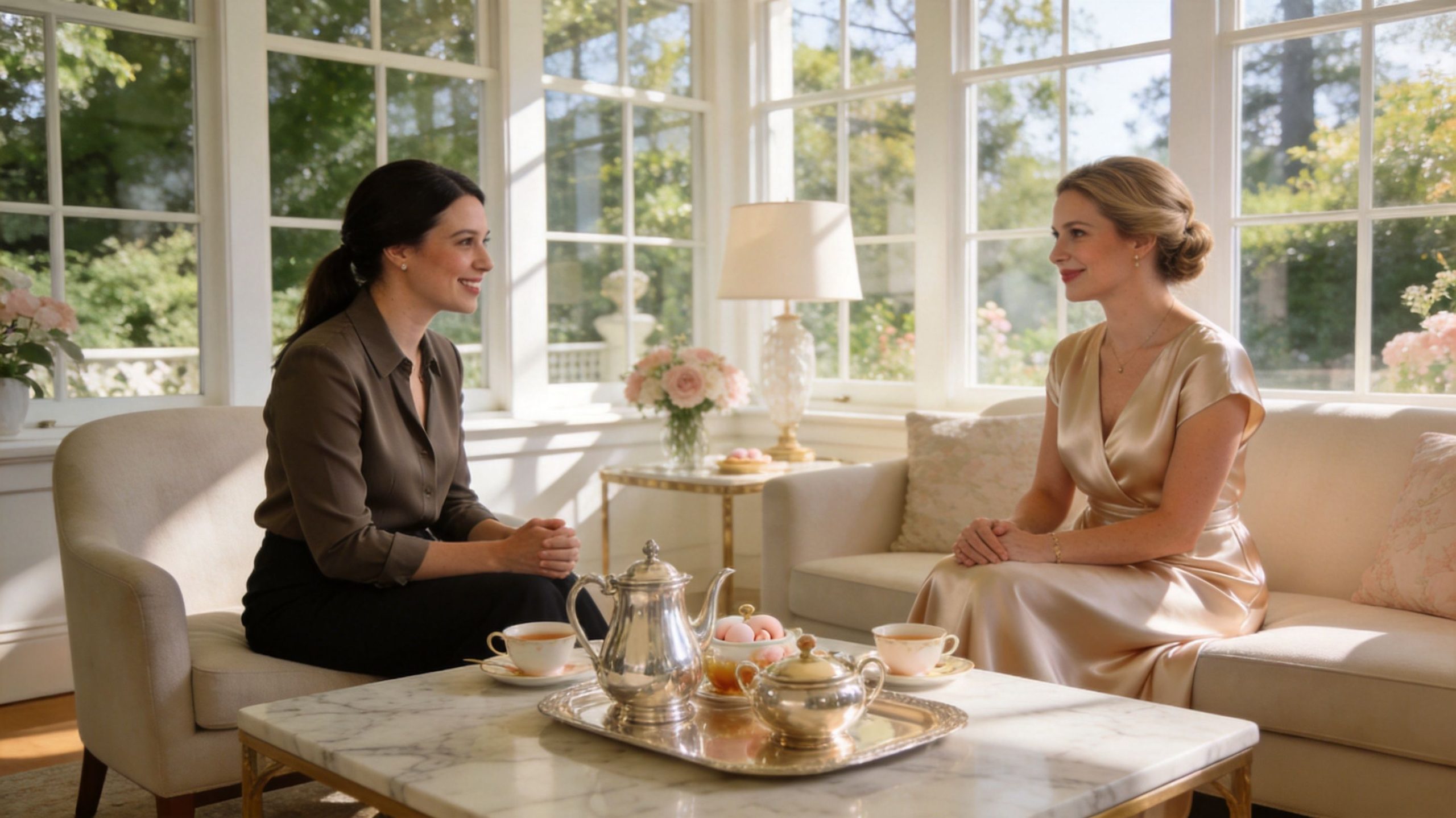 Private Nanny Services Palm Beach for Newborn Care Specialists: Elite Private | Superstar Nannies Two women sitting on elegant sofas in a sunlit room, enjoying tea and a professional conversation.