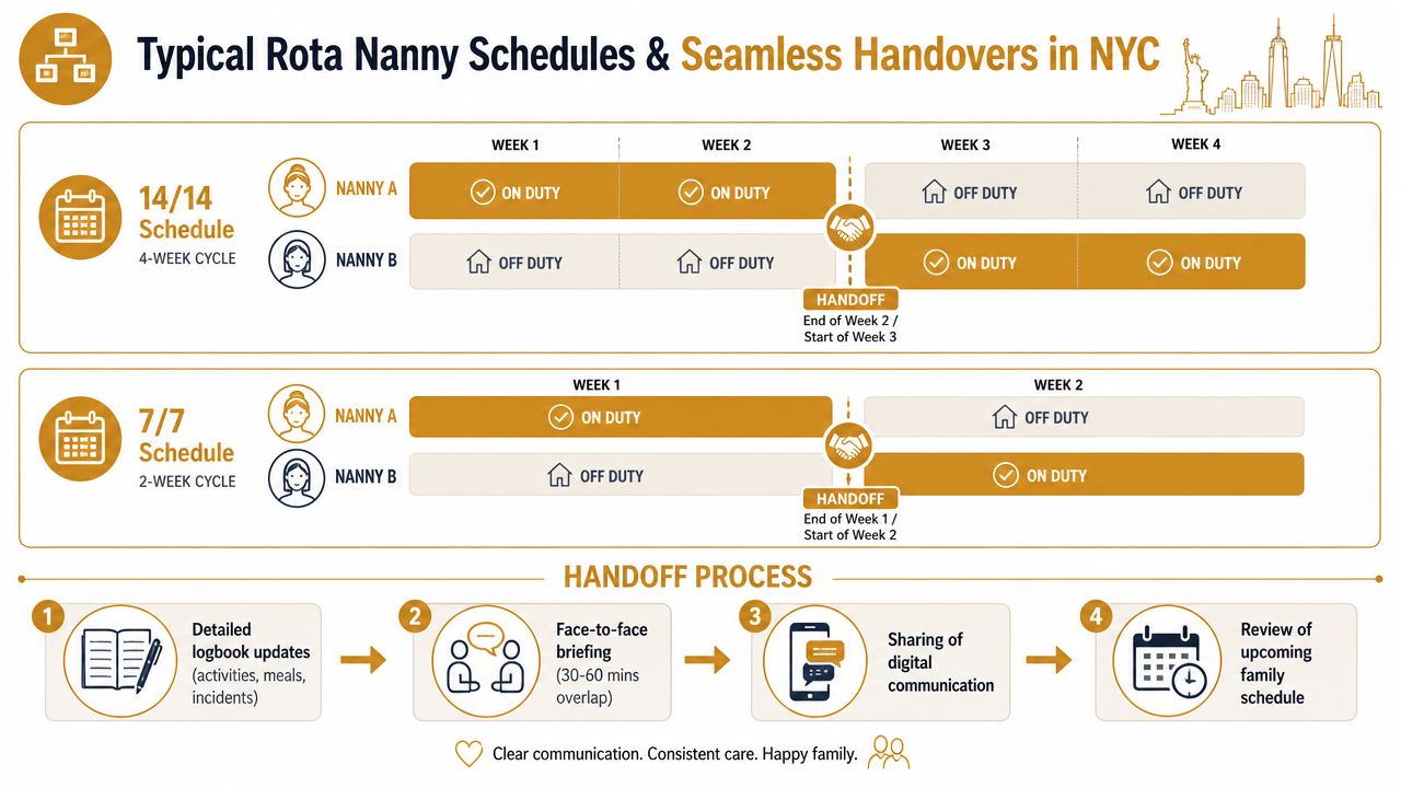 Rota Nanny New York: Expert Guide for UHNW Families | Superstar Nannies A diagram illustrating typical 14/14 and 7/7 rota nanny schedules and the four-step handoff process in New York.