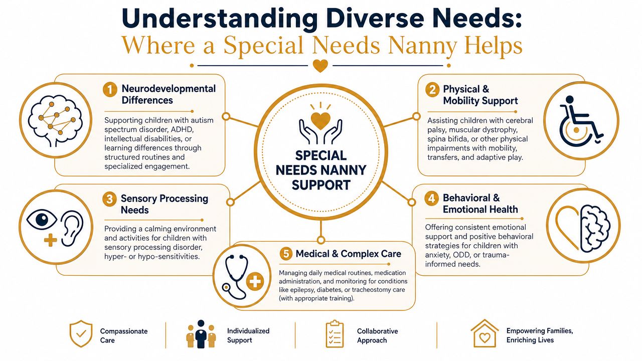 An infographic detailing five key areas where a special needs nanny provides support for diverse children.