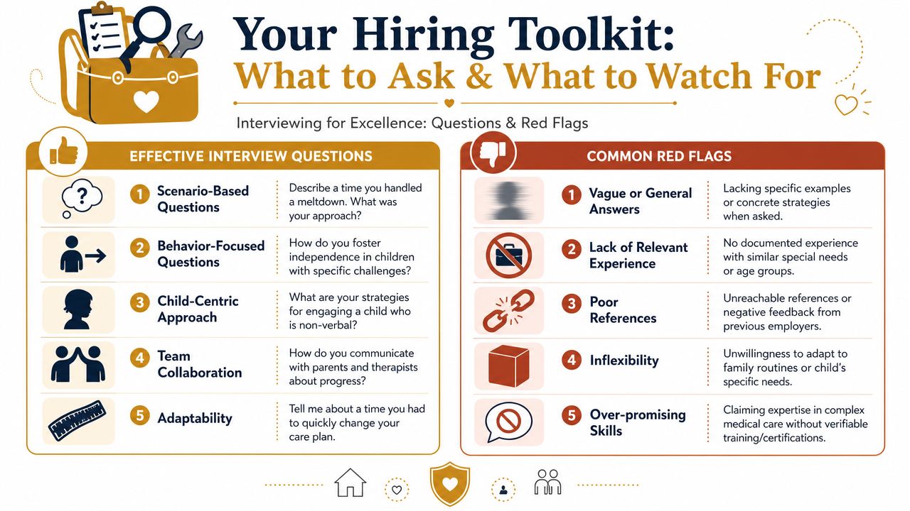 An infographic titled Hiring Toolkit outlining effective interview questions and common red flags for caregivers.