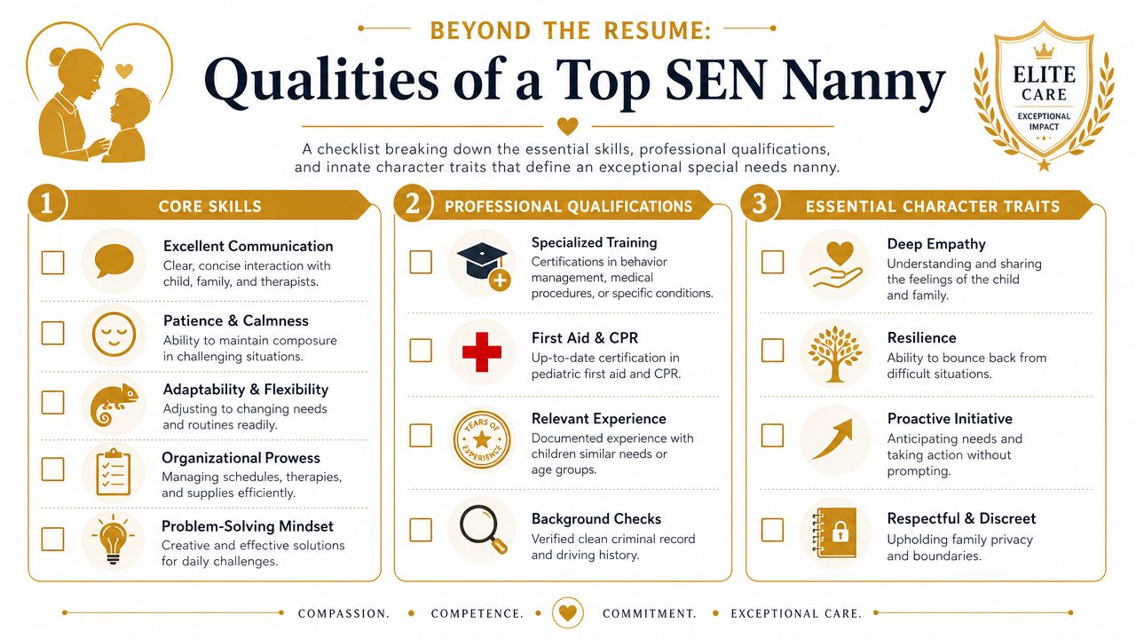 A checklist highlighting the key professional and character traits needed to be a top special needs nanny.