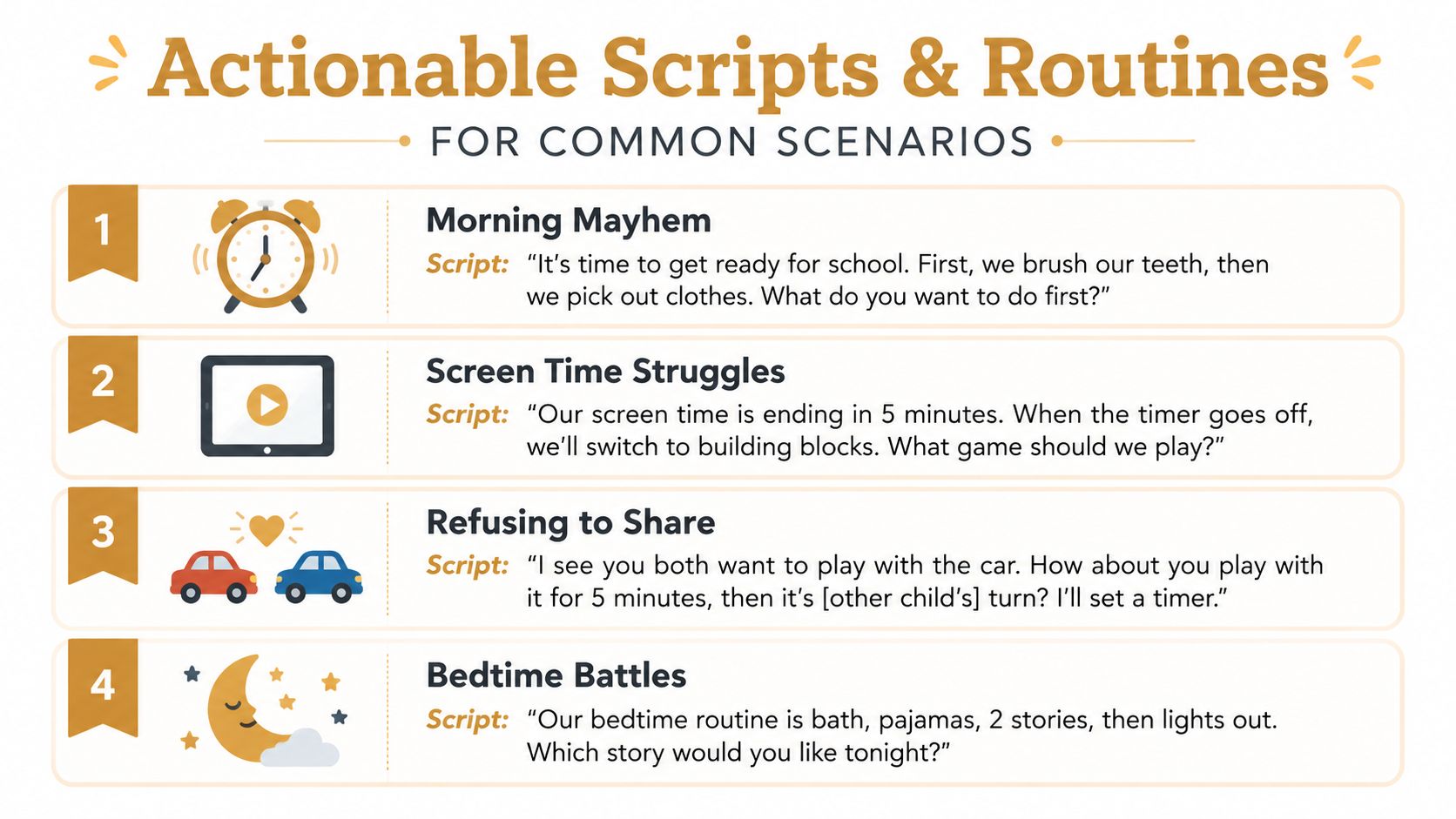 Behavior Management Techniques: Expert Strategies | Superstar Nannies A parenting guide chart showing actionable scripts and routines for common childhood behavior challenges like morning routines and bedtime.