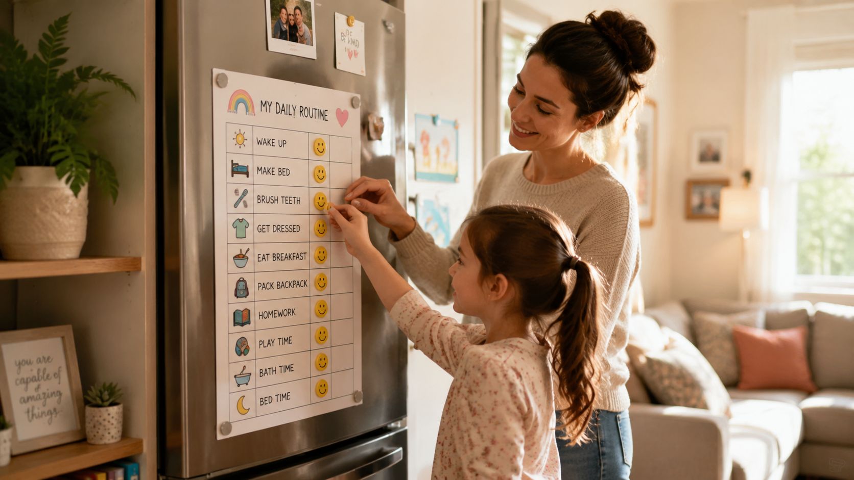 Behavior Management Techniques: Expert Strategies | Superstar Nannies A mother helping her young daughter place a smiley face sticker on a daily routine chart.