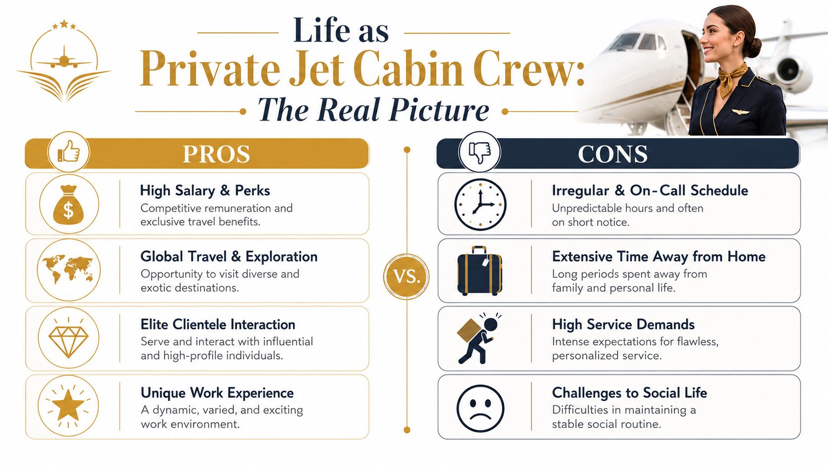 Cabin Crew Jobs on Private Jets: An Insider's Guide | Superstar Nannies An infographic comparing the professional pros and cons of working as private jet cabin crew members.
