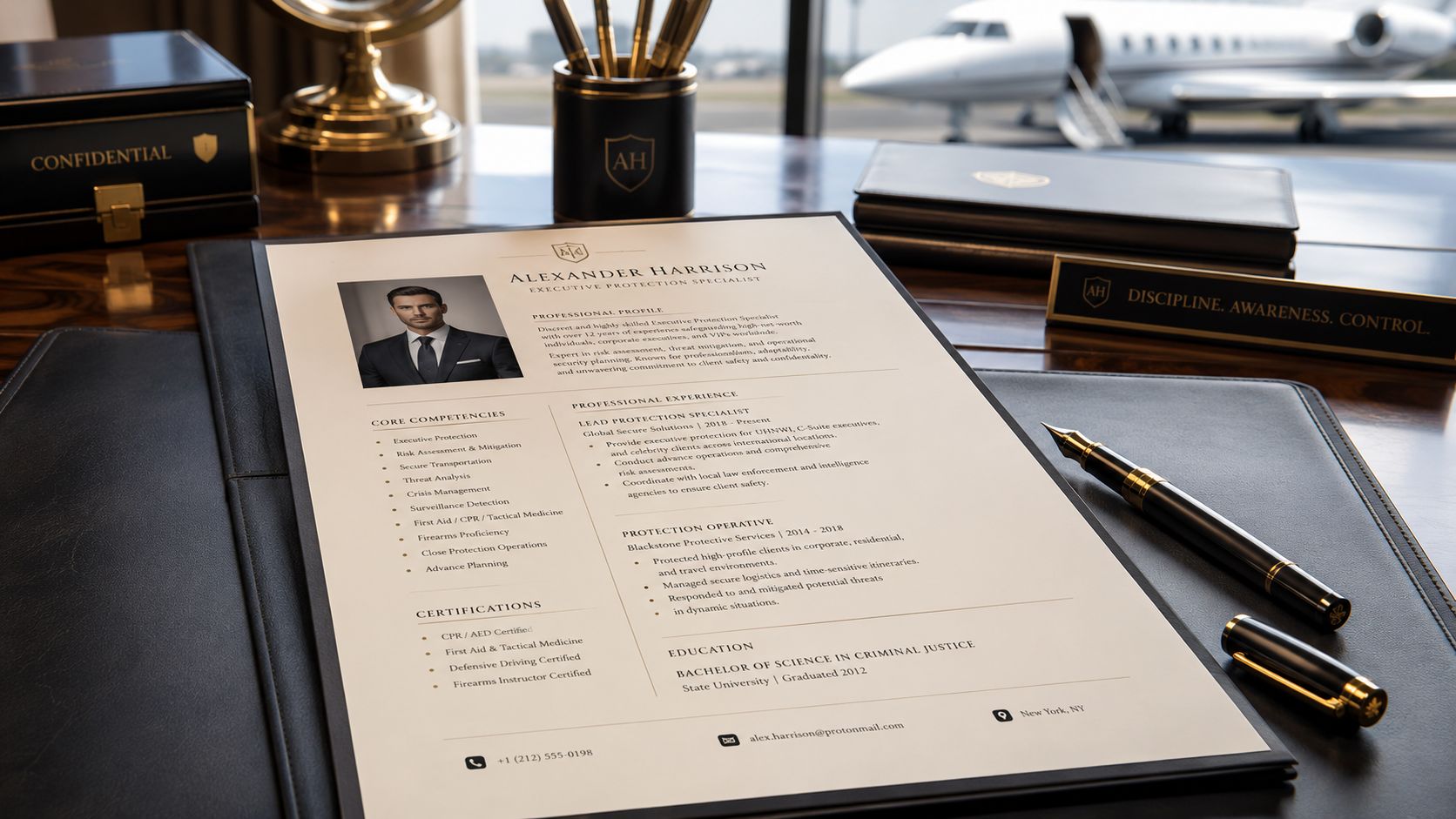 Cabin Crew Jobs on Private Jets: An Insider's Guide | Superstar Nannies A professional resume for an executive protection specialist displayed on a luxurious desk with a private jet in the background.