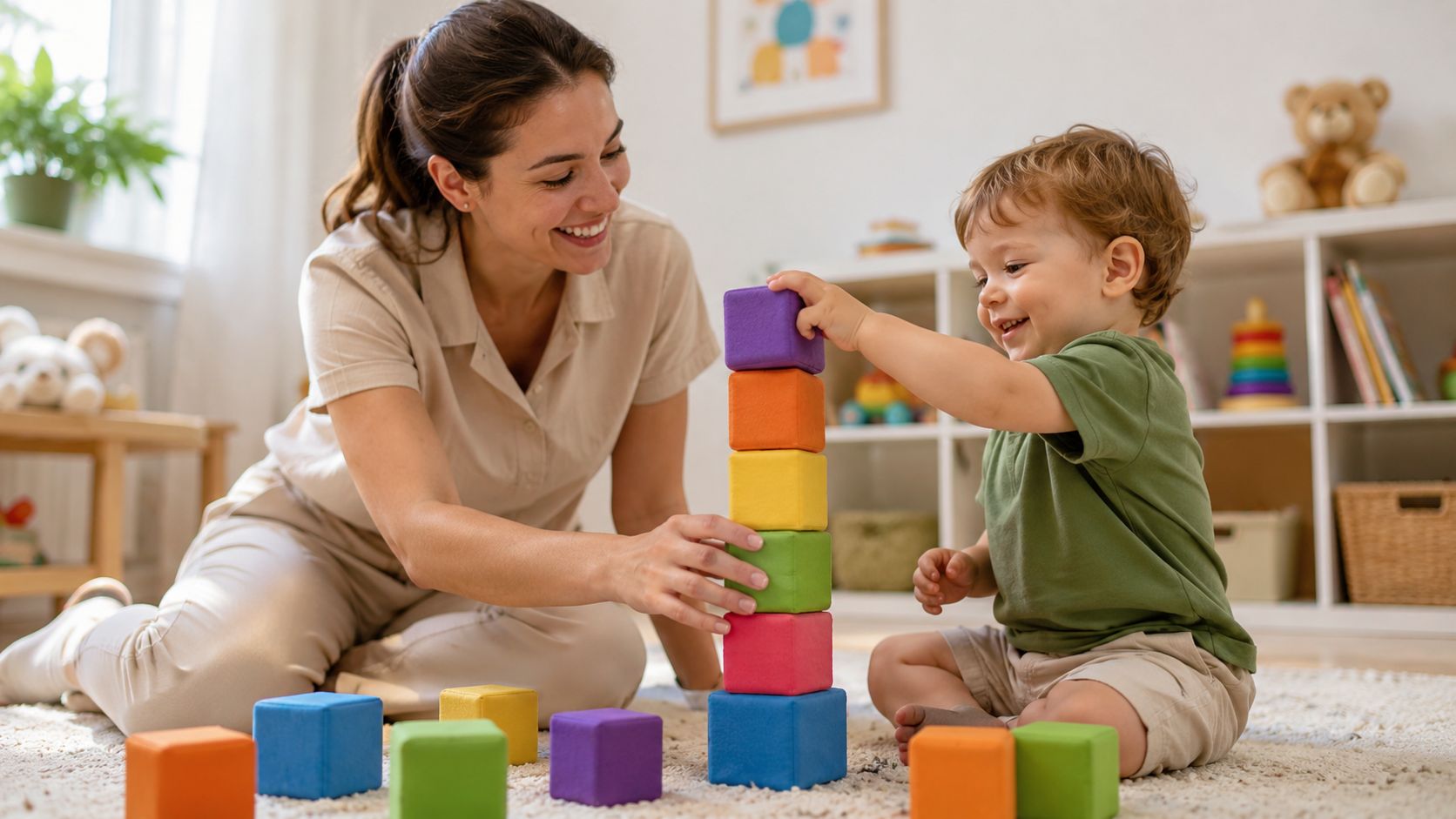 Child Development Milestones a Guide for Parents & Nannies | Superstar Nannies A smiling mother and her young toddler son play with colorful stacking blocks together on a rug.