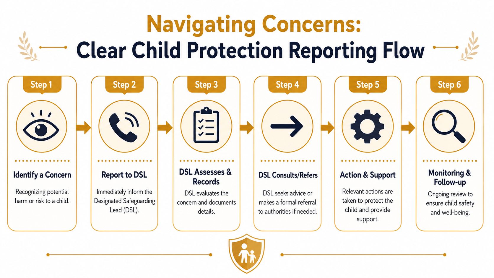 Child Protection Policies: Essential Guide 2026 | Superstar Nannies A flowchart showing six steps for reporting child protection concerns to a designated safeguarding lead.