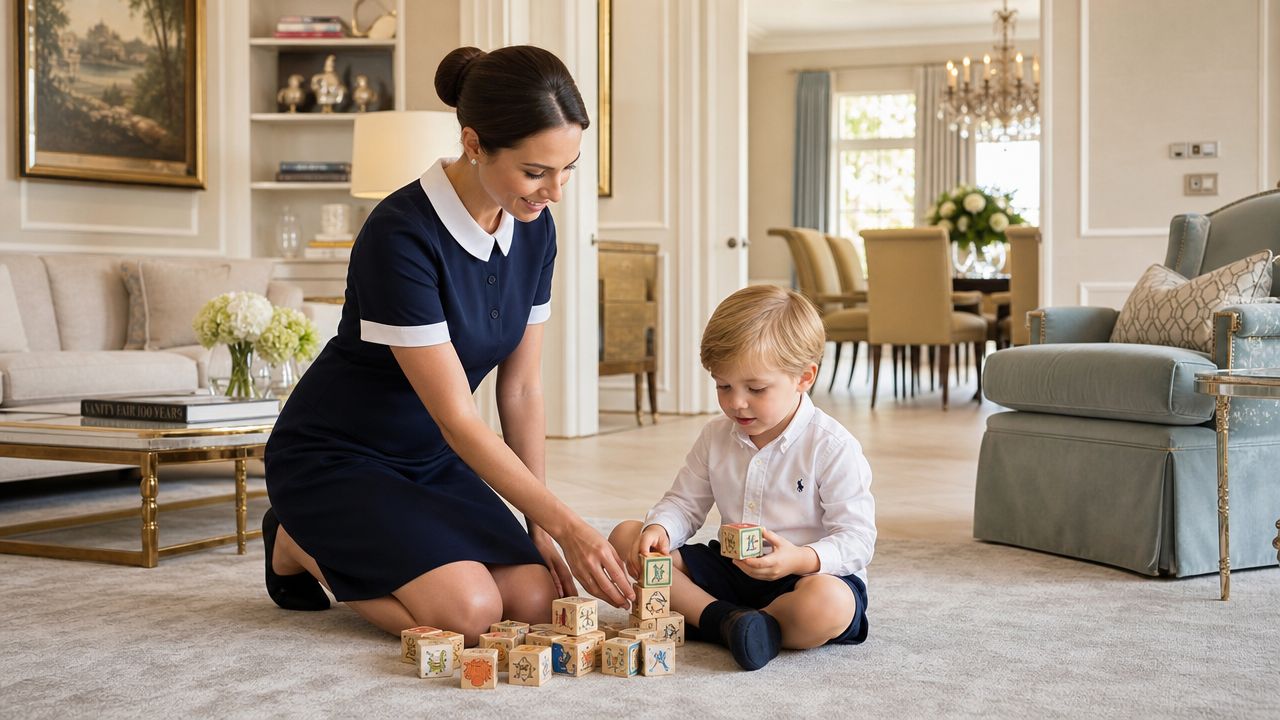 Difference Between Au Pair and Nanny | Superstar Nannies A nanny in a dark blue uniform plays with wooden alphabet blocks alongside a young boy indoors.