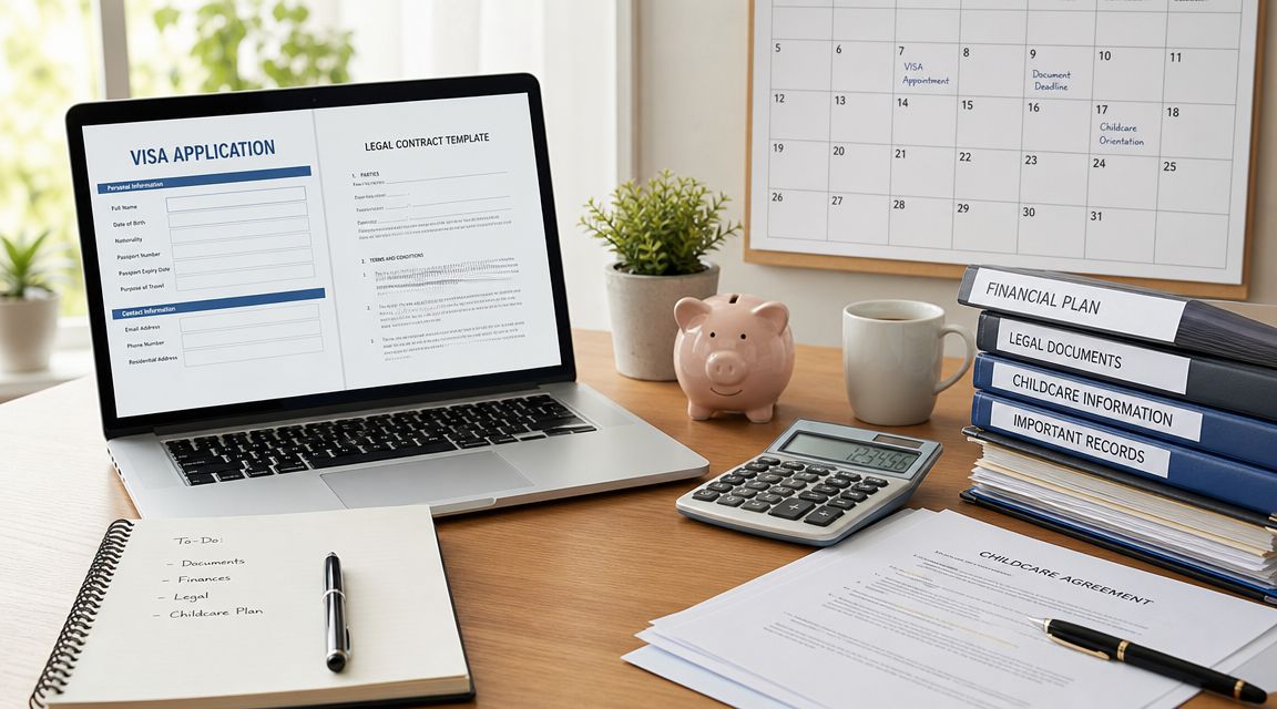 Difference Between Au Pair and Nanny | Superstar Nannies A workspace featuring a laptop with visa applications, a childcare agreement, and folders for organized family planning.