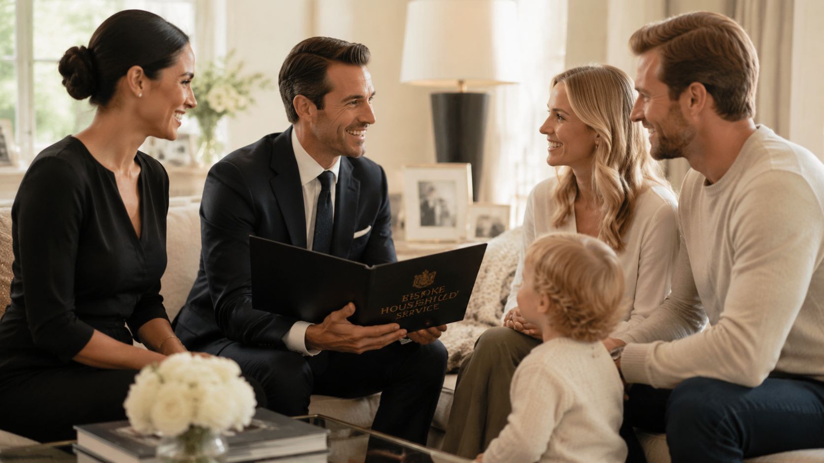 Domestic Couple Agency: A Guide for Elite Households | Superstar Nannies A professional man showing a brochure to a couple and their young child in a living room.