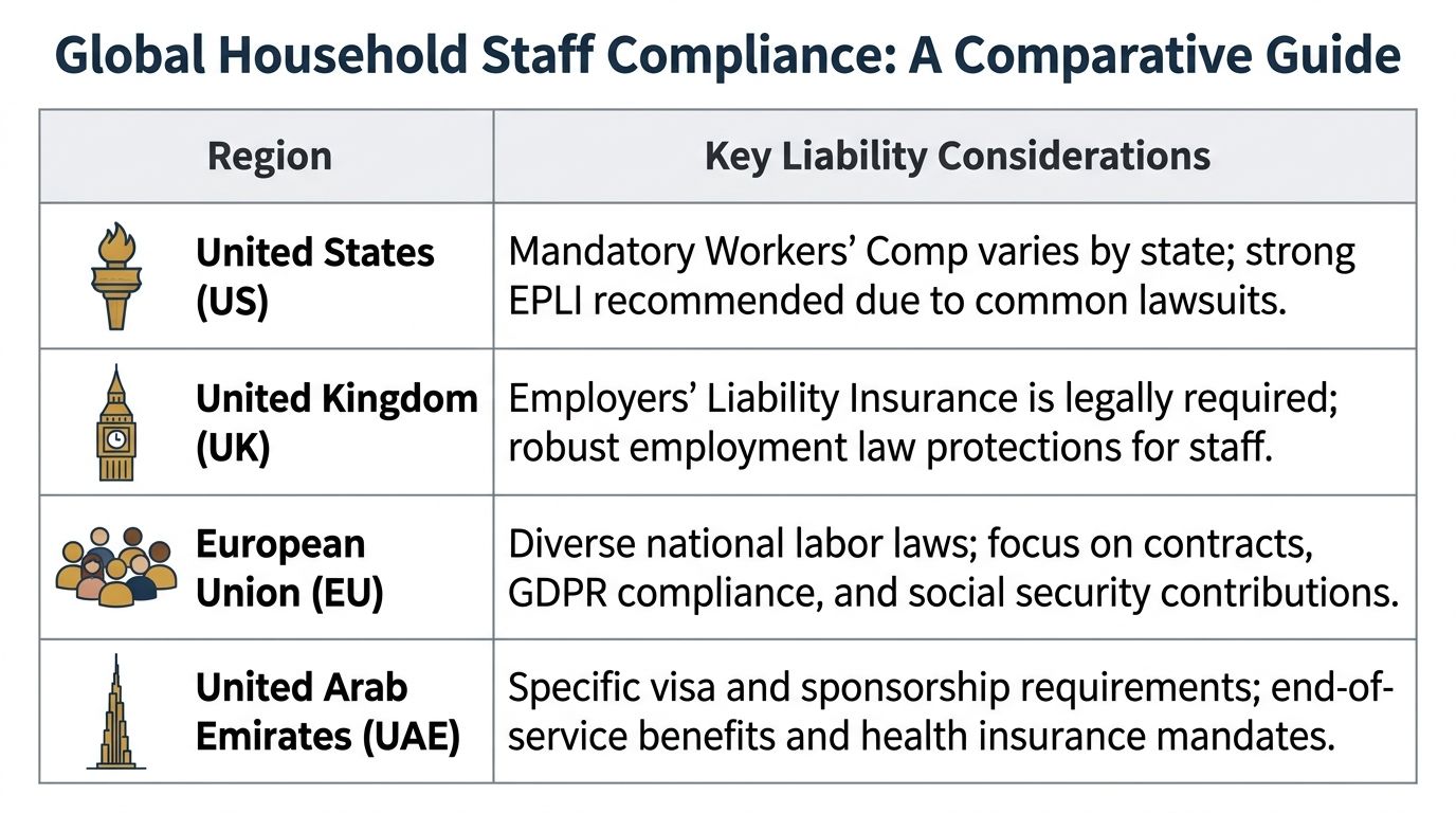 Employment Liability Coverage for Household Staff | Superstar Nannies A table comparing household staff employment compliance and liability considerations across the US, UK, EU, and UAE.