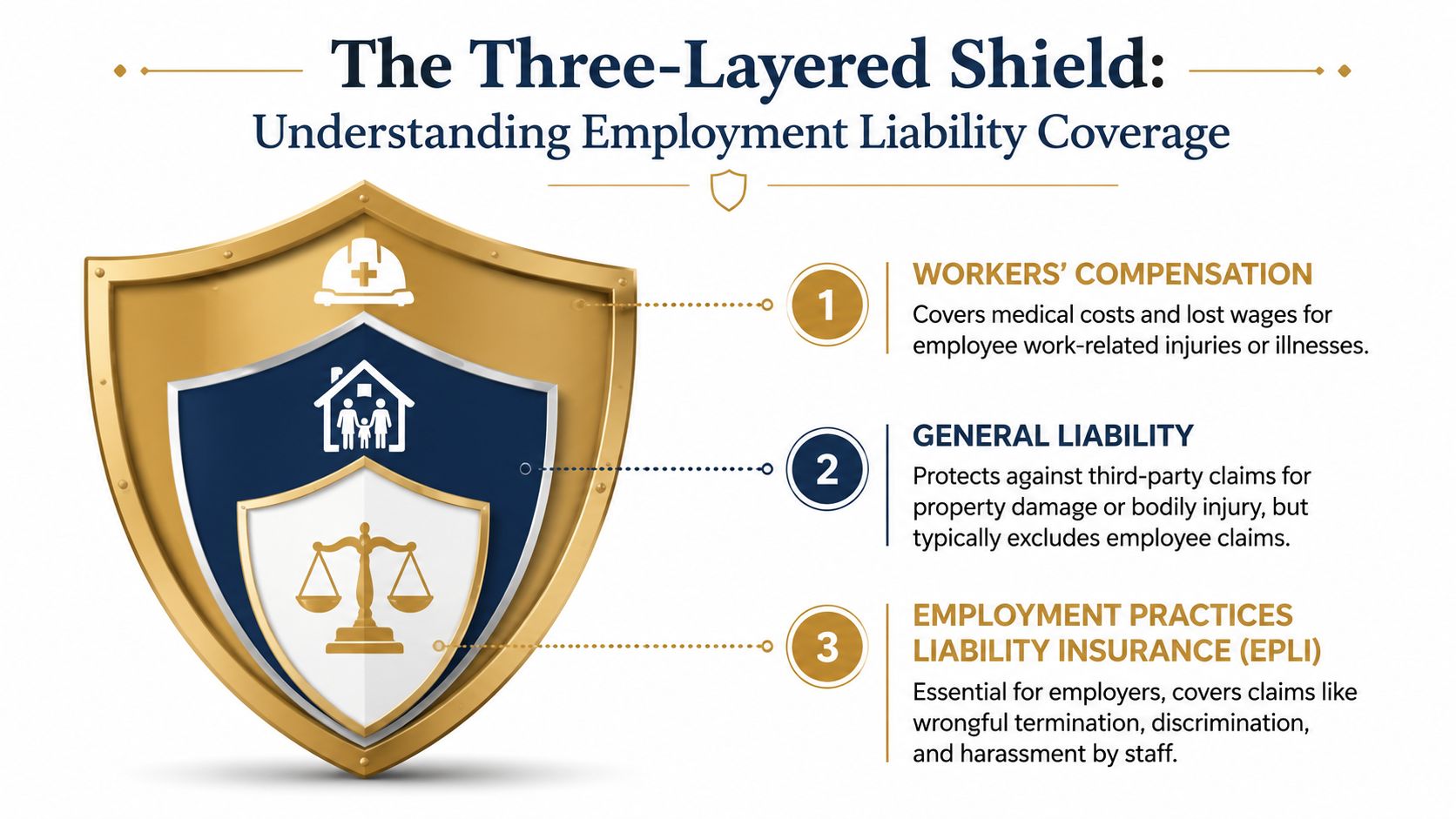 Employment Liability Coverage for Household Staff | Superstar Nannies An infographic titled The Three-Layered Shield illustrating three types of business and employment liability insurance coverage.