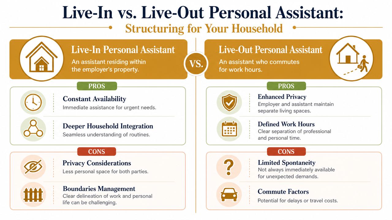 Hire a Personal Assistant: Your UHNW Guide 2026 | Superstar Nannies A comparison chart outlining the pros and cons of hiring a live-in versus a live-out personal assistant.