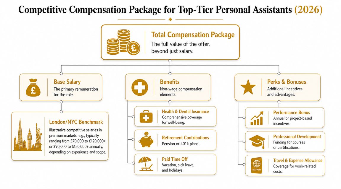 Hire a Personal Assistant: Your UHNW Guide 2026 | Superstar Nannies An infographic showing the components of a competitive compensation package for high-level personal assistants in 2026.