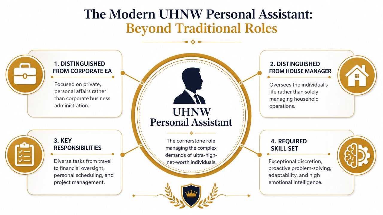Hire a Personal Assistant: Your UHNW Guide 2026 | Superstar Nannies An infographic titled The Modern UHNW Personal Assistant detailing its unique role, responsibilities, and required skill set.
