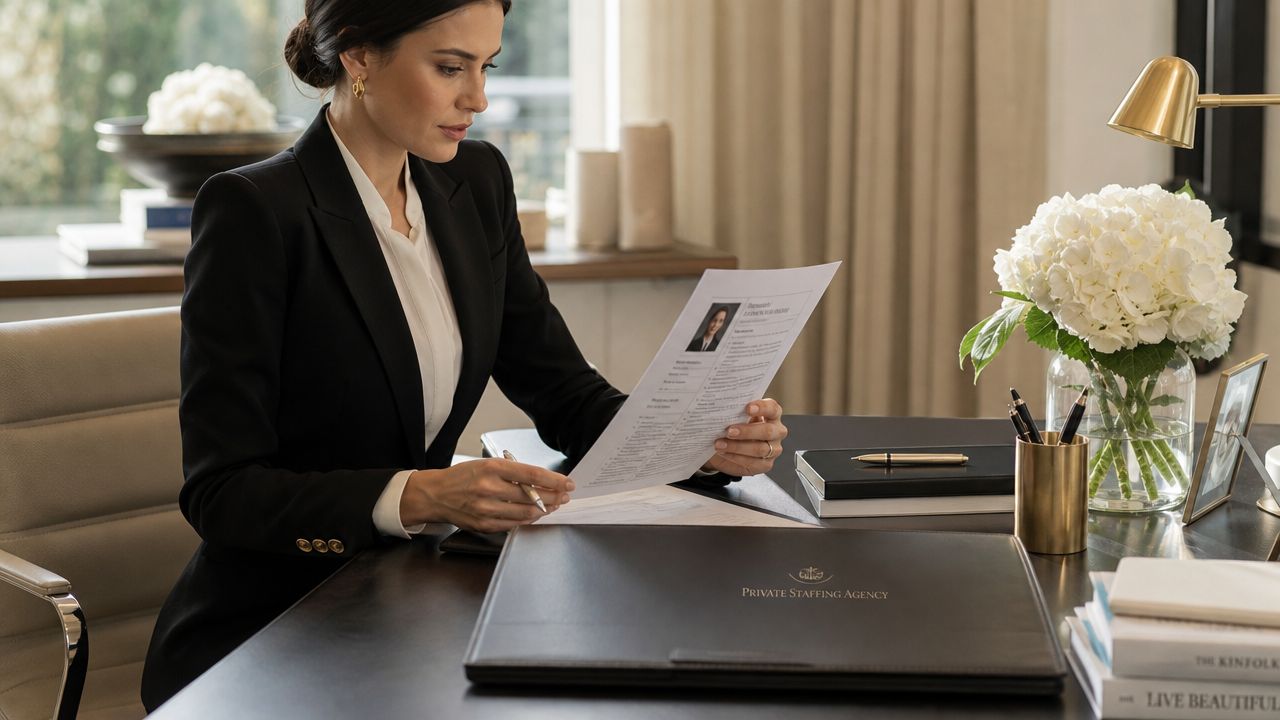 Hire a Personal Assistant: Your UHNW Guide 2026 | Superstar Nannies A professional woman in a suit reviews a resume in an elegant, well-lit office setting.