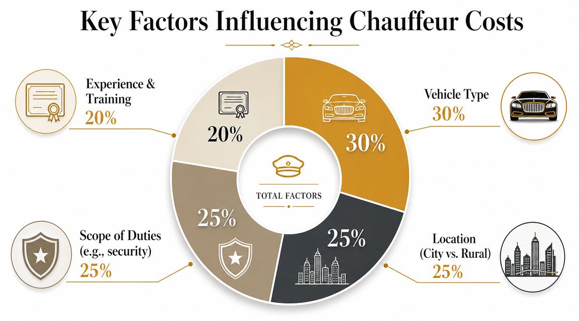 How Much Does a Personal Chauffeur Cost? Your 2026 Guide | Superstar Nannies A pie chart displaying four key factors that influence the total cost of hiring a personal chauffeur.