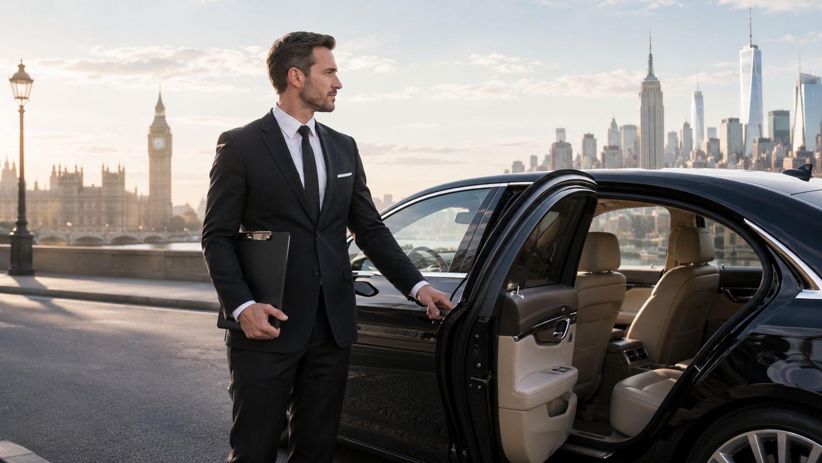 How Much Does a Personal Chauffeur Cost? Your 2026 Guide | Superstar Nannies A professional chauffeur in a black suit standing by an open car door with a clipboard.