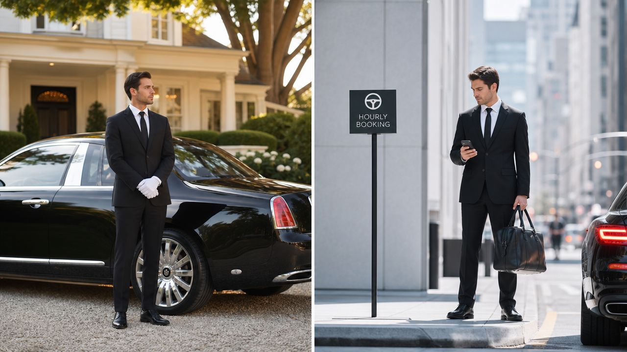 How Much Does a Personal Chauffeur Cost? Your 2026 Guide | Superstar Nannies A professional chauffeur wearing a suit and gloves standing by a luxury vehicle and checking his phone.