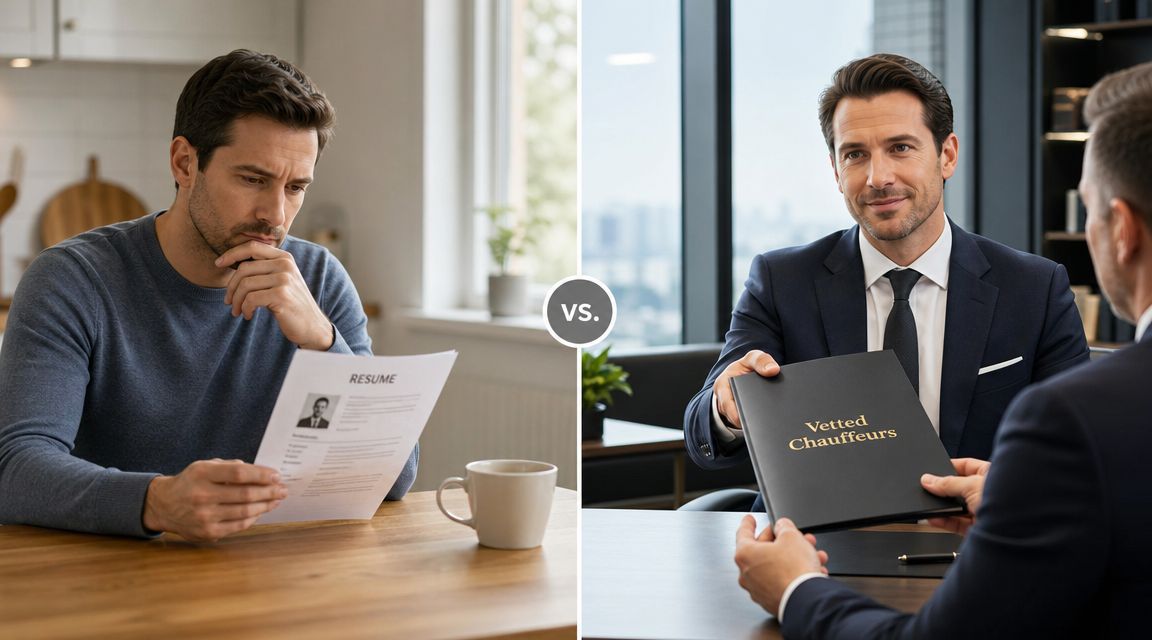 How Much Does a Personal Chauffeur Cost? Your 2026 Guide | Superstar Nannies A split-screen comparison showing a man reviewing a resume versus a professional handing over a vetted chauffeur document.