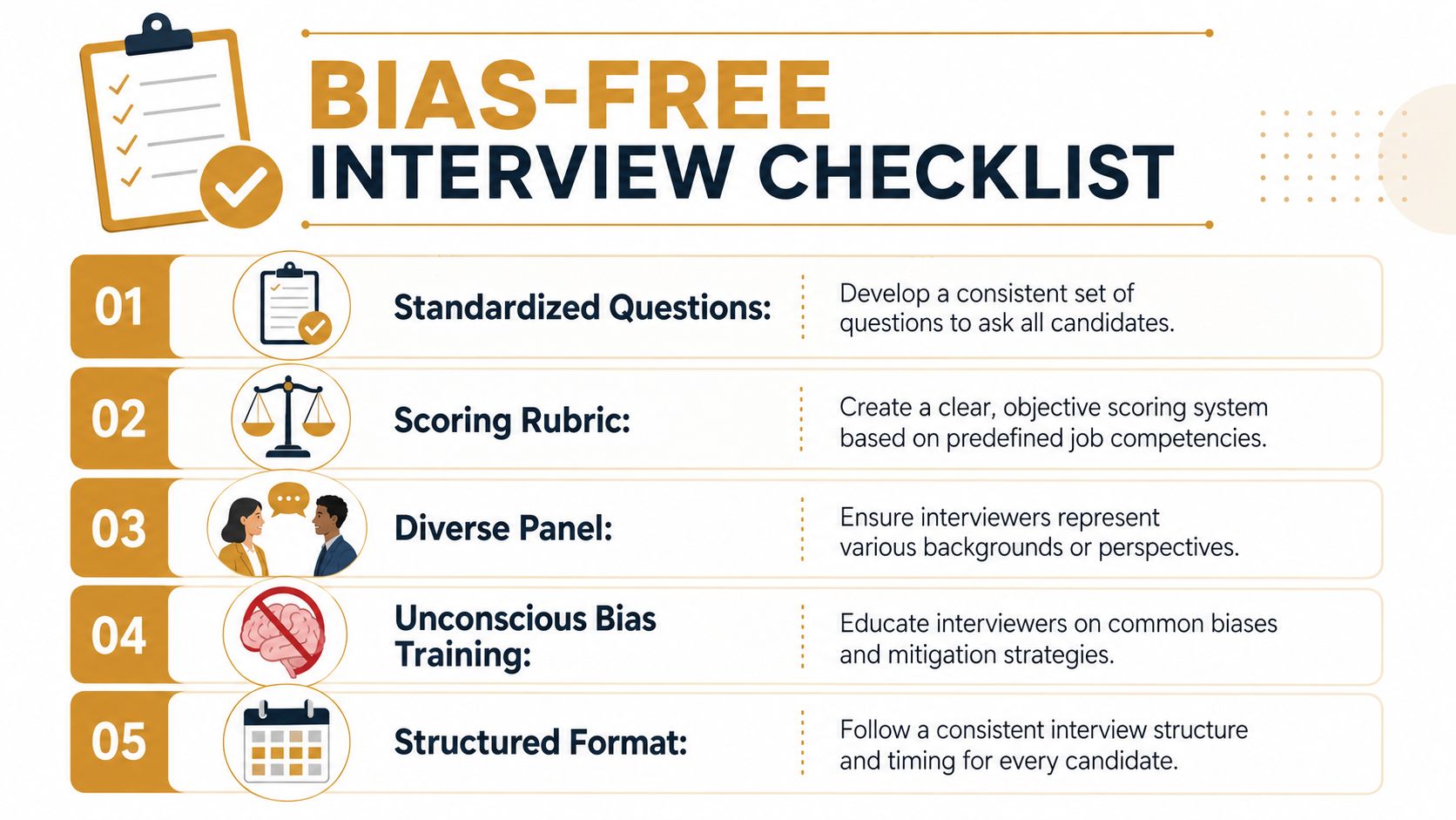 Inclusive Recruitment Practices: Elite Nanny & Staff Hiring | Superstar Nannies An infographic titled Bias-Free Interview Checklist listing five essential steps for fair and equitable hiring practices.