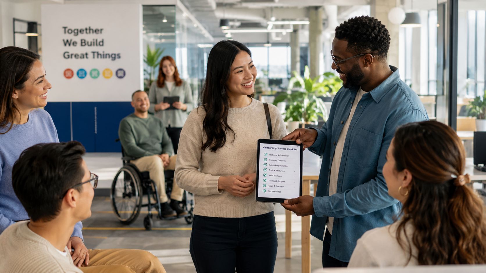 Inclusive Recruitment Practices: Elite Nanny & Staff Hiring | Superstar Nannies A diverse group of colleagues in a modern office collaborating on an inclusive recruitment success checklist together.