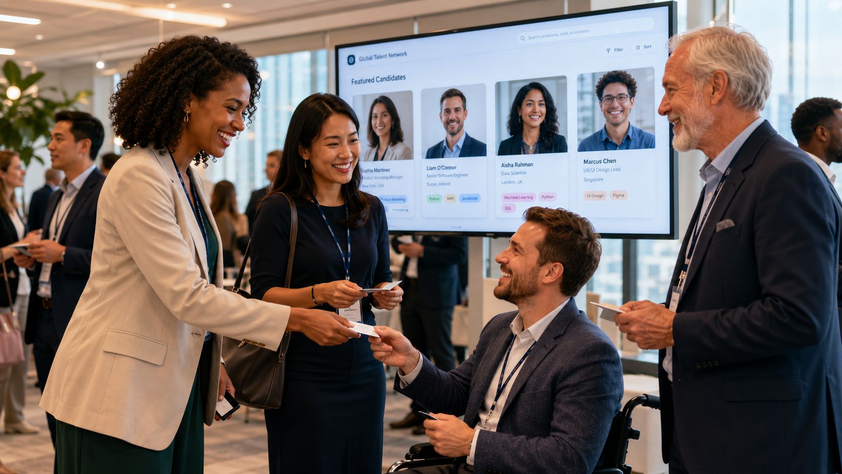 Inclusive Recruitment Practices: Elite Nanny & Staff Hiring | Superstar Nannies A diverse group of professionals networking and exchanging business cards in a modern corporate office setting.