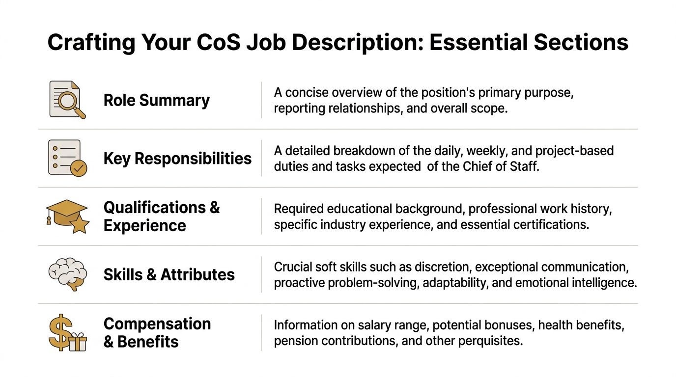 Job Description Chief of Staff: Private Household Guide | Superstar Nannies A graphic listing essential sections to include when writing a Chief of Staff job description.