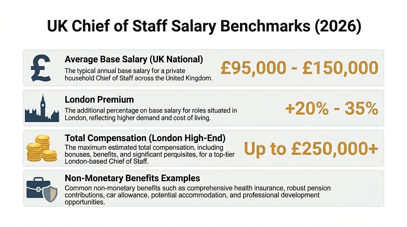 Job Description Chief of Staff: Private Household Guide | Superstar Nannies An infographic showing UK Chief of Staff salary benchmarks for 2026, including base pay, London premiums, and benefits.
