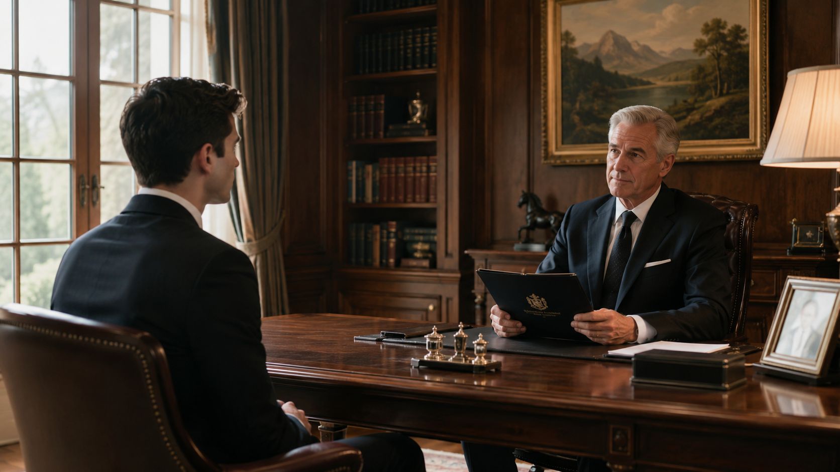 Live in Housekeeping Jobs: Your Guide to an Elite Career | Superstar Nannies A young man sitting in an office chair across from an older man in a professional suit.