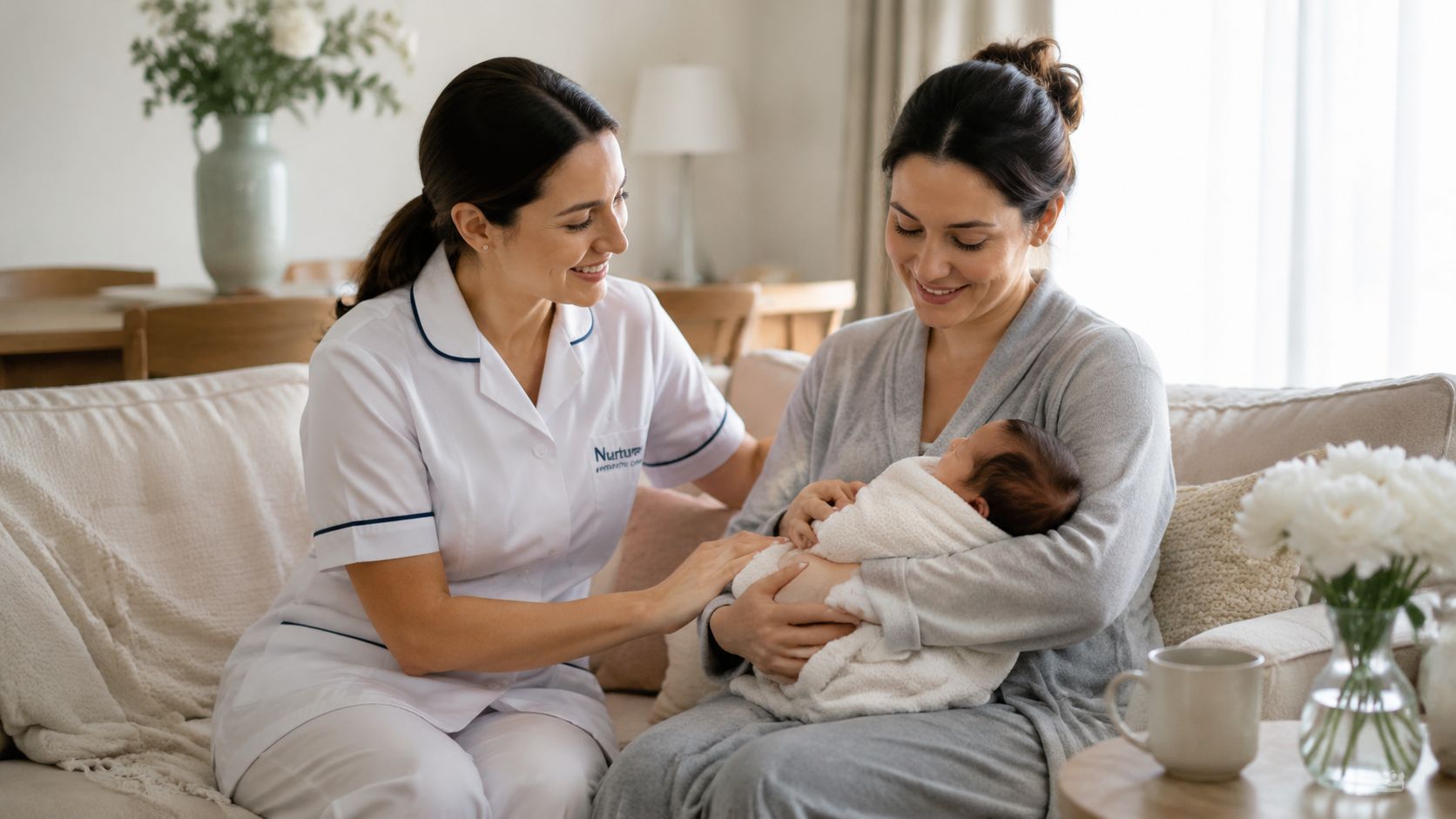 A professional nurse providing support and guidance to a new mother holding her swaddled newborn baby.