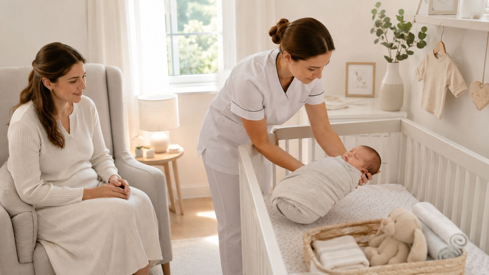 A professional nurse gently places a swaddled newborn baby into a crib while the mother watches attentively.