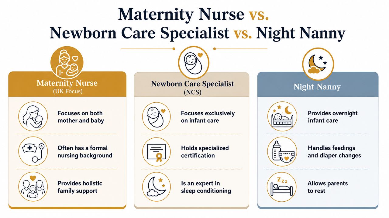 A comparison infographic detailing the differences between a maternity nurse, newborn care specialist, and night nanny roles.