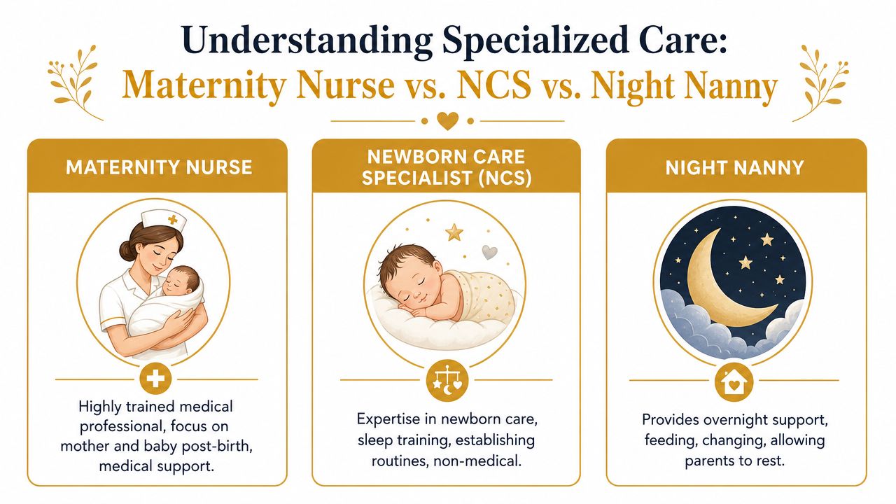 Maternity Nurse Salary 2026: Expert Rates and Factors | Superstar Nannies A comparison chart explaining the roles of a maternity nurse, newborn care specialist, and night nanny.